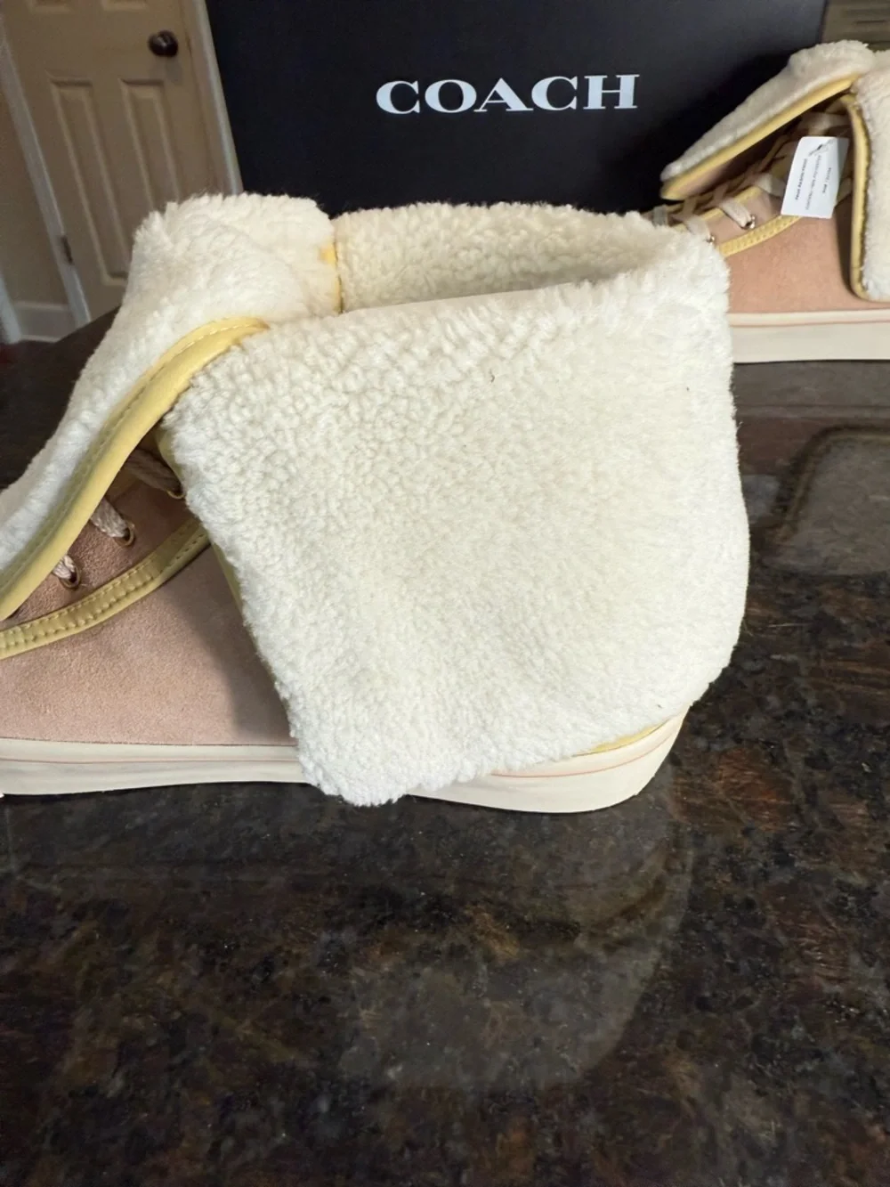 Coach City Soul Suede Fold Over Shearling Sneakers in Blush and Cream